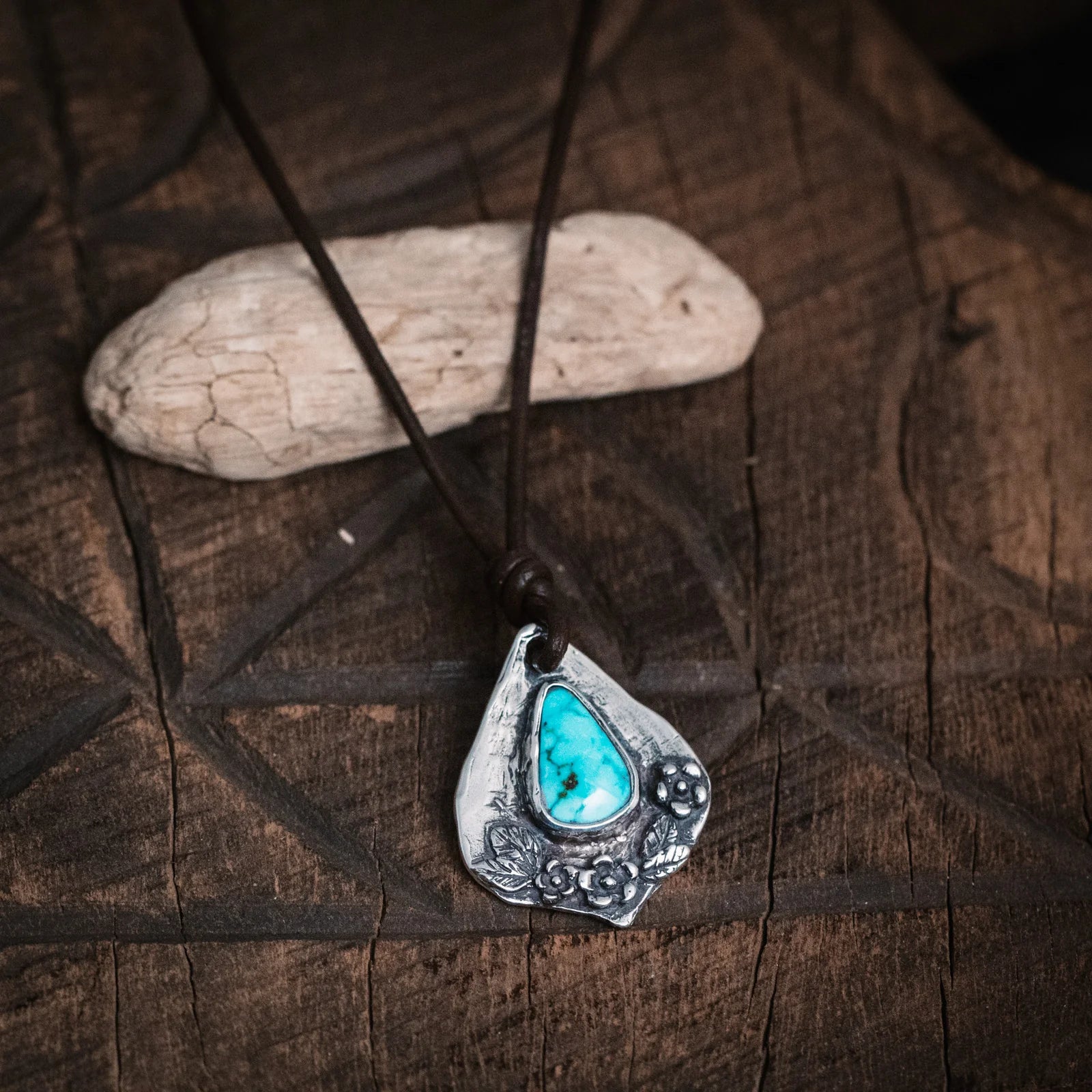 Hand Carved Turquoise Flower Pendant Necklace