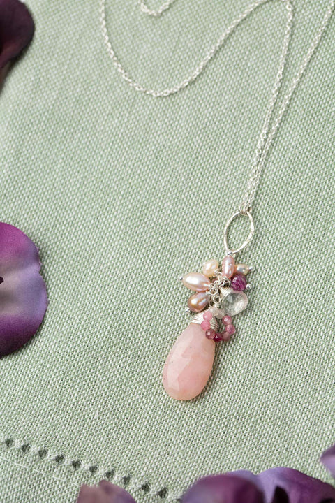 ANNE VAUGHAN ORCHID 19-21" ROSE QUARTZ, PEARL, RUBY WITH PINK OPAL CLUSTER NECKLACE