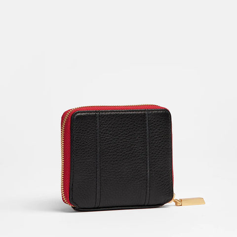 Hammitt 5 North Black Brushed Gold Red Zip Compact Leather Wallet