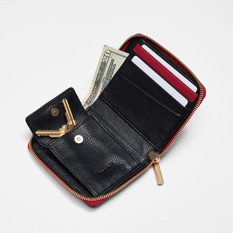 Hammitt 5 North Black Brushed Gold Red Zip Compact Leather Wallet