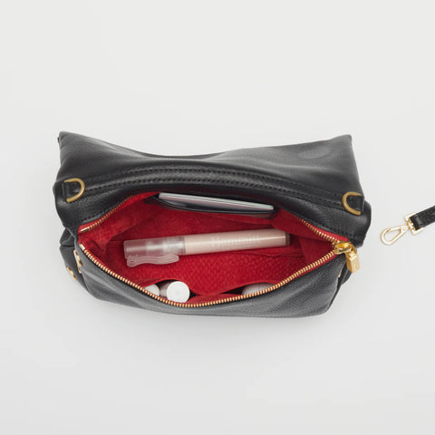 Hammitt VIP Medium Black Brushed Gold Red Zip Leather Crossbody Clutch