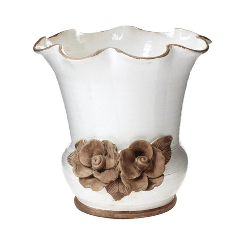 Vietri Rustic Garden White Scalloped Planter with Flowers