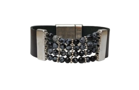 JBJ Women’s Juno Snowflake Obsidian Black Leather Bracelet