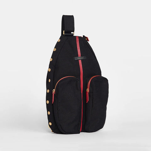 Hammitt Courtside Black/Brushed Gold Red Zip Sling