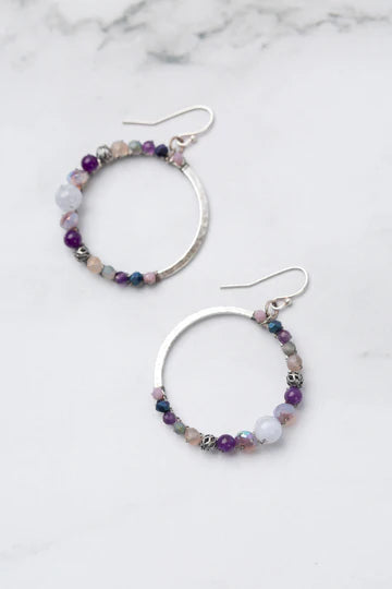 Anne Vaughan Reflections Blue Lace Agate, Amethyst, Crystal Hoop Earrings