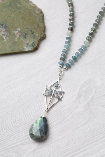 Anne Vaughan Resilience 29.5-31.5" Green Moss Aquamarine, Labradorite With Dragonfly Statement Necklace