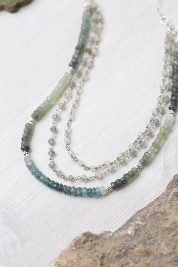 Anne Vaughan Resilience 21.5-23.5" Green Moss Aquamarine, Labradorite, Prehnite Multistrand Necklace