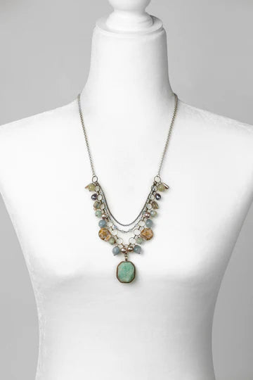 Anne Vaughan Venetian Dreams 22-24" Freshwater Pearl, Aquamarine, Abalone Shell With Faceted Amazonite Pendant Statement Necklace