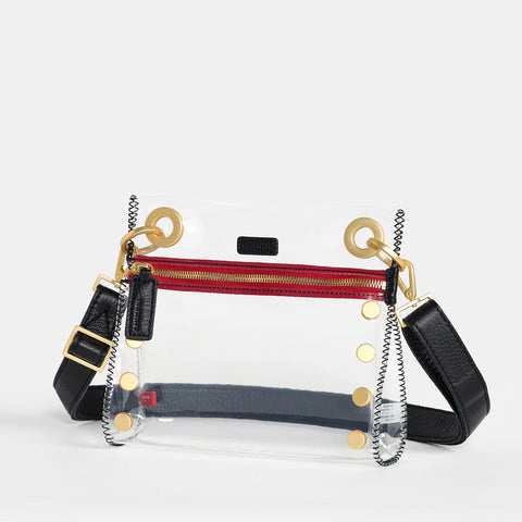 Hammitt Tony Small Clear/Black Brushed Gold Red Zip Crossbody