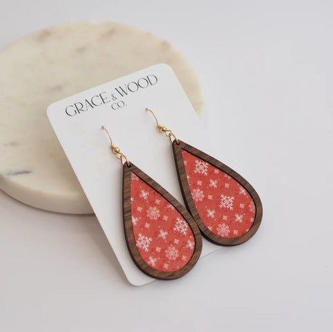 Grace & Wood Red Snowflakes Wood and Cork Teardrop Earrings