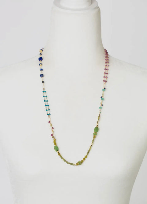 Anne Vaughan Aurora 26-28" Faceted Ruby, Lapis Lazuli, Chrysoprase Collage Necklace