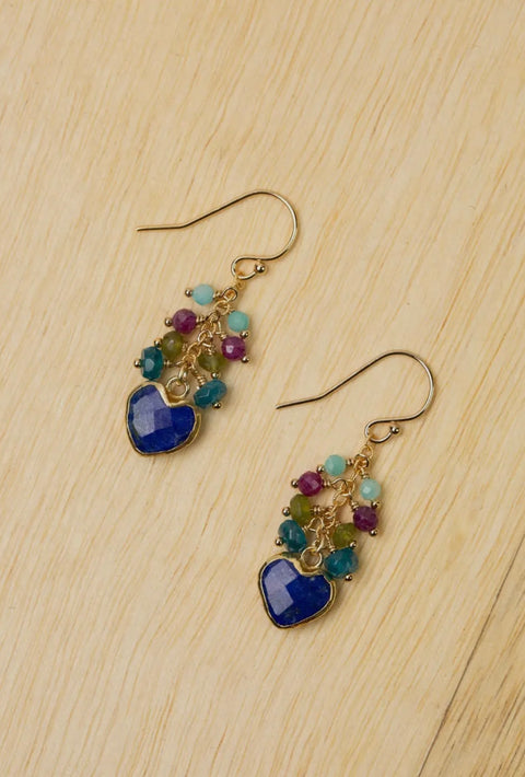 Anne Vaughan Aurora Blue Apatite, Lapis Lazuli, Green Jade with Faceted Ruby Heart Bezel Cluster Earrings