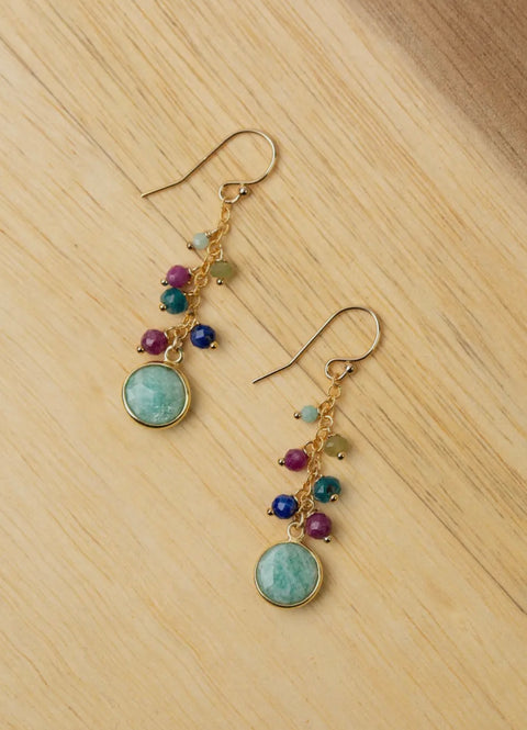 Anne Vaughan Aurora Ruby, Lapis Lazuli, Blue Apatite with Faceted Amazonite Gold Filled Coin Cluster Earrings