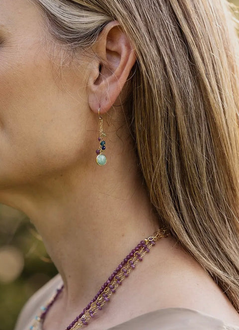 Anne Vaughan Aurora Ruby, Lapis Lazuli, Blue Apatite with Faceted Amazonite Gold Filled Coin Cluster Earrings