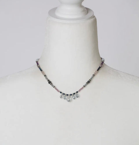 Anne Vaughan Reflections 15-17" Pearl, Czech Glass, Blue Lace Agate with Crystal Simple Necklace