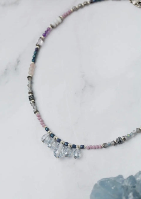 Anne Vaughan Reflections 15-17" Pearl, Czech Glass, Blue Lace Agate with Crystal Simple Necklace